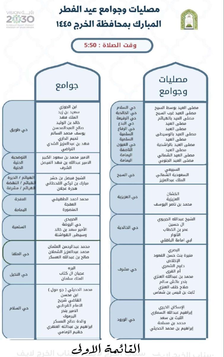 أماكن مصليات عيد الفطر في الخرج 1445-2024