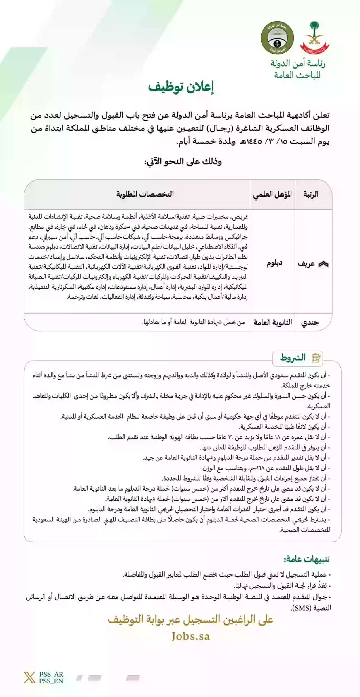 رئاسة أمن الدولة تعلن عن وظائف شاغرة بمرتبات و مميزات مغرية وهنا الشروط وطريقة التقديم 